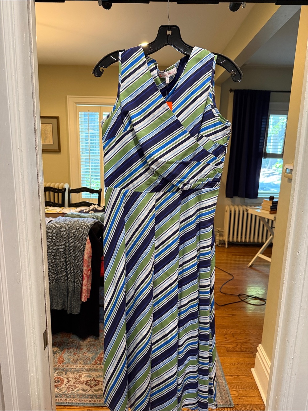 Jude Connally Navy, Green & White Striped Wrap-Style Midi Dress